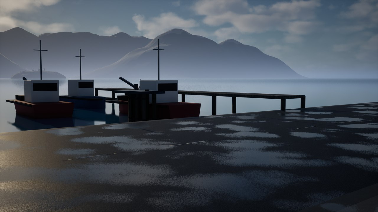 The Port Halcyon quay and workboats, shown with early in-game models.