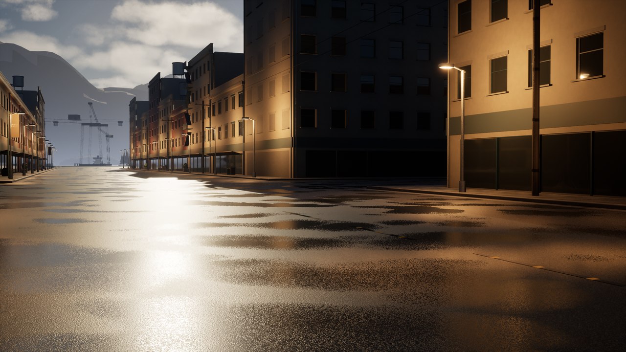 An early Port Halcyon street with brick buildings and rain-darkened pavement.